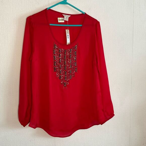 Ariat Top Women’s Medium Red Embellished SemiSheer Blouse Western Rodeo Cowgirl - Picture 4 of 13